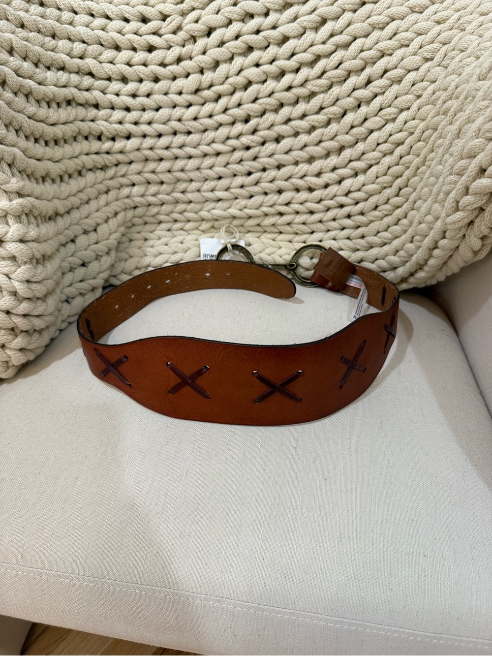 Free People Cognac Leather Waist Belt with Antique Brass Double Ring - Picture 4 of 5